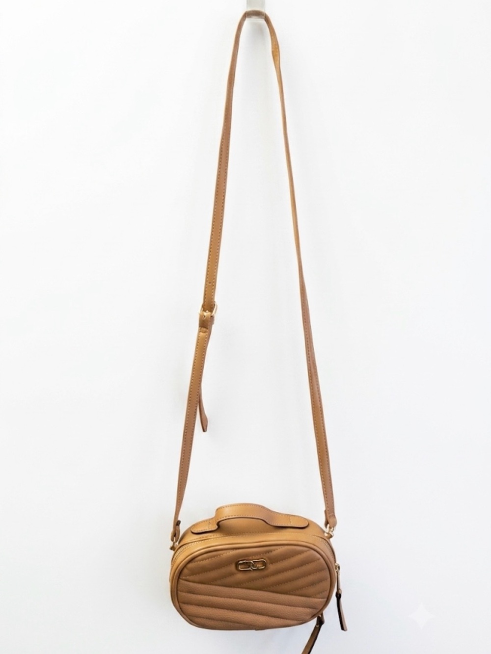 Quilted Tan Vegan Leather Crossbody Camera Bag with Adjustable Strap